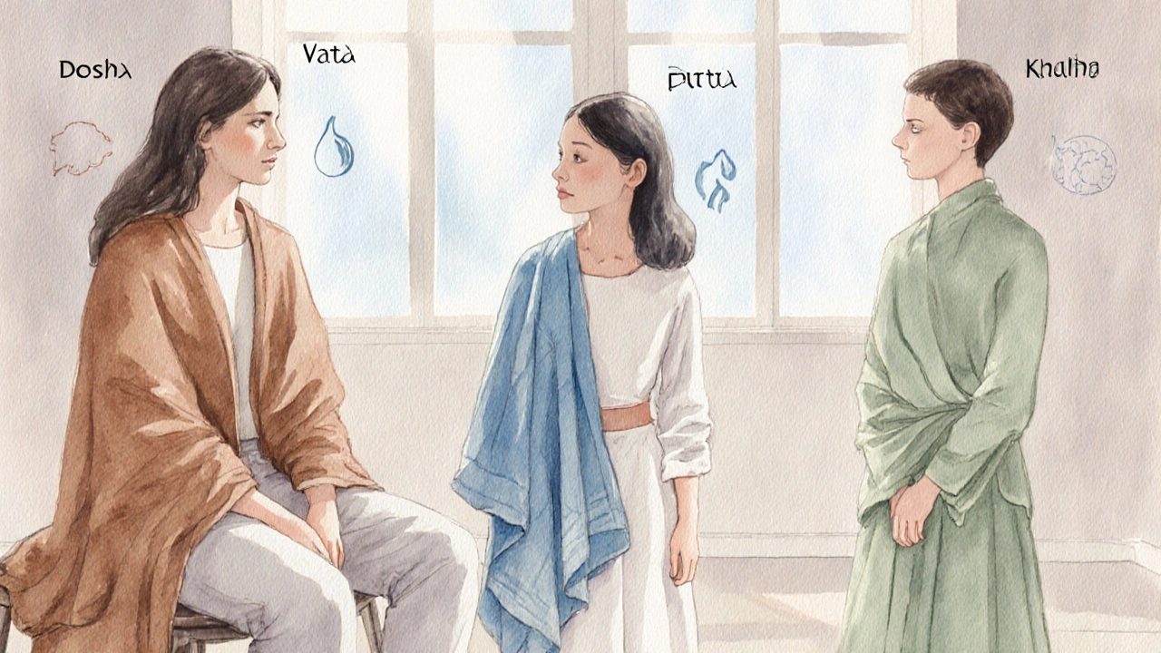 A client wrapped in a cotton shawl, linen sarong, and khadi skirt, representing Vata, Pitta, and Kapha doshas.