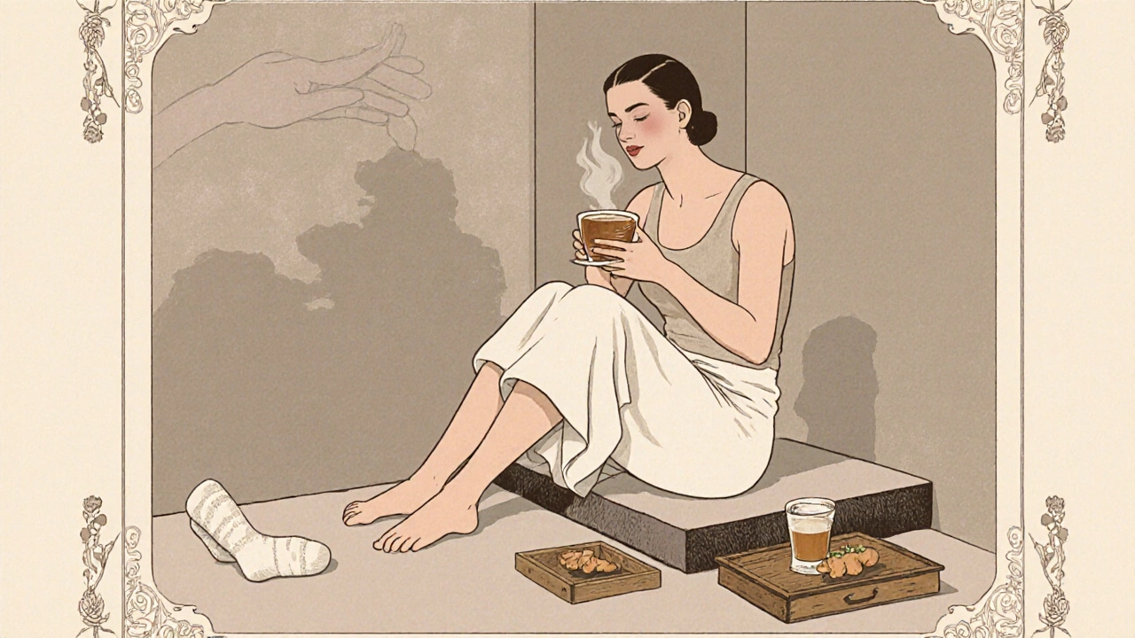 A relaxed client in a cotton shirt, sipping herbal tea after an Ayurvedic massage, with soft towels nearby.