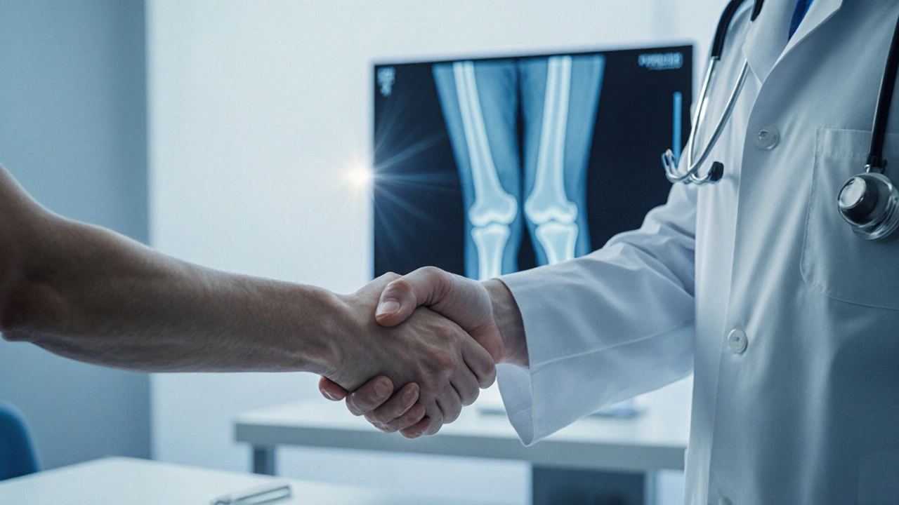 Close‑up of patient and doctor shaking hands with medical imaging screens in the background.