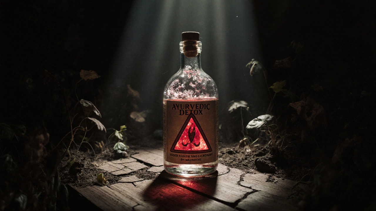 Closed bottle of Ayurvedic detox product containing visible toxic metals inside.