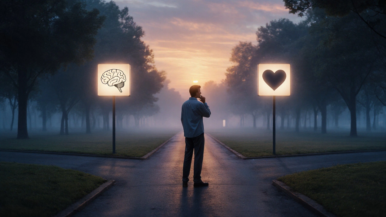Conceptual scene of a person at a sunset crossroads with signposts for psychologist and therapist.