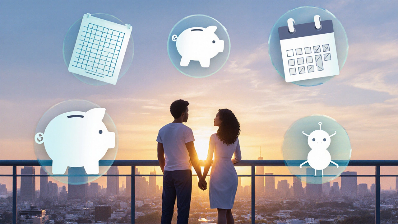 Couple on balcony at sunrise with floating budgeting icons and embryo symbol.