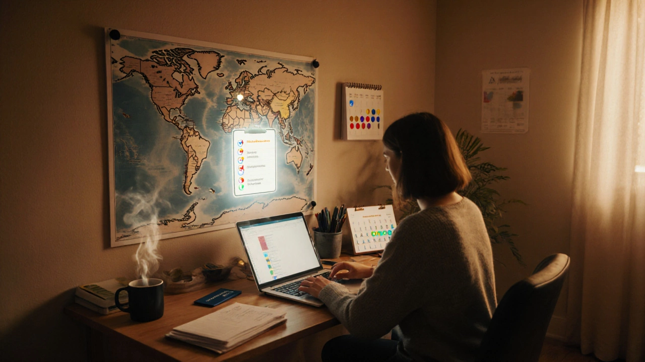 Cozy Airbnb desk with map, checklist icons, travel documents, and highlighted calendar.