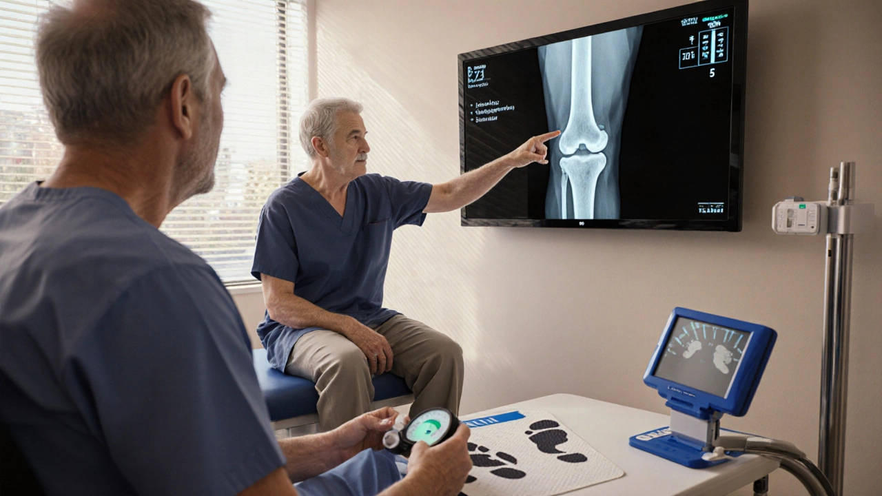 Doctor reviewing a knee X‑ray and pain scale with a patient in a hospital exam room.