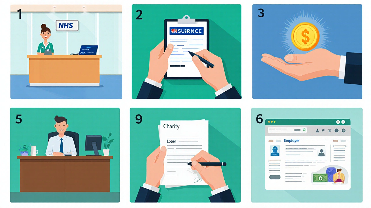 Flat illustration showing various IVF funding sources in separate panels.
