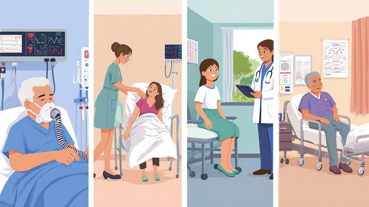 Four-panel illustration showing ICU, step‑down, transplant, and minimally invasive recovery scenes.