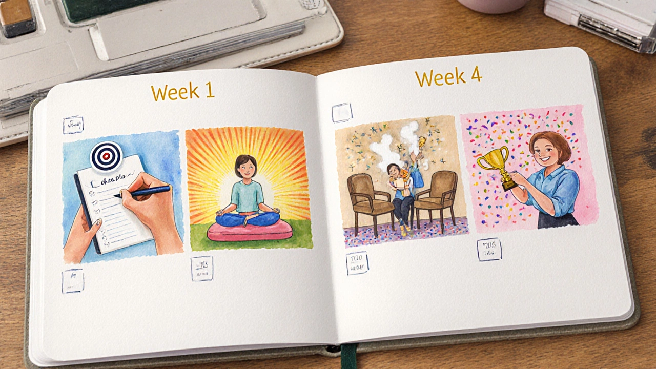 Four‑week calendar with tiny scenes of journaling, meditation, therapy session, and celebration.