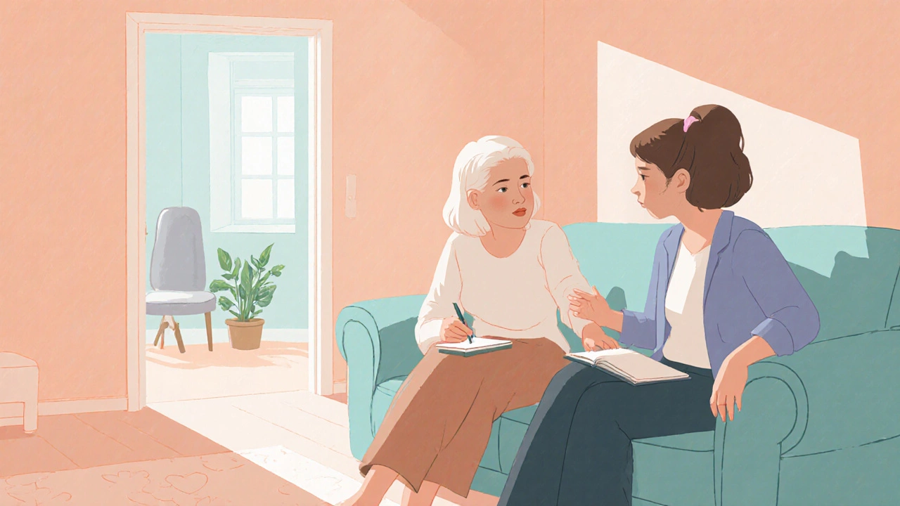 Friend offering support while holding a notebook, with a therapist&#039;s office visible in the background.
