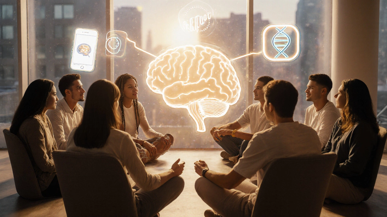 Group therapy circle with holographic brain and tech icons, showing hopeful future mental health treatment.
