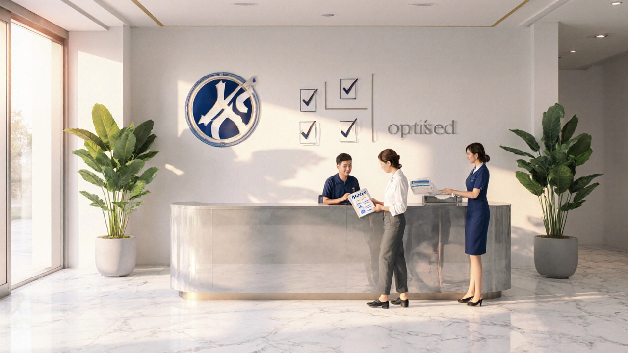 Hospital lobby with accreditation emblem, patient reviewing checklist with facilitator.