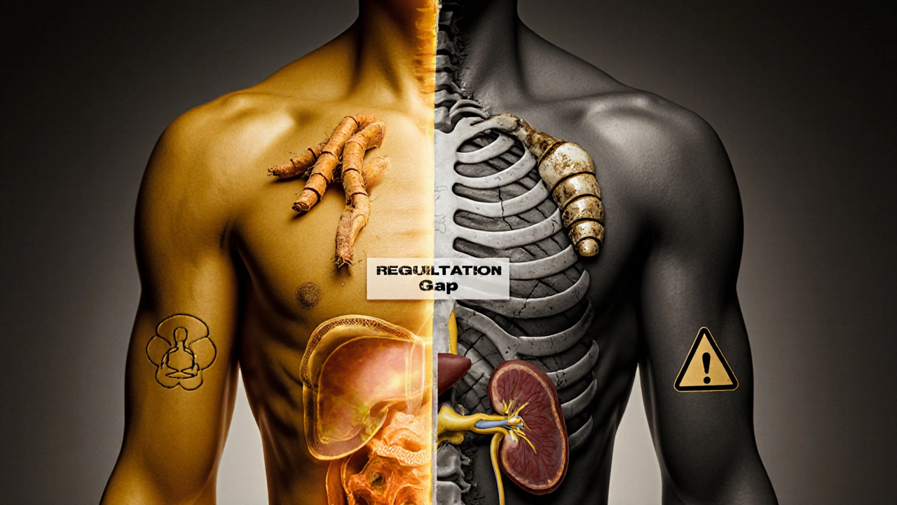 Human torso split between healthy wellness and toxic damage from unsafe Ayurvedic products.