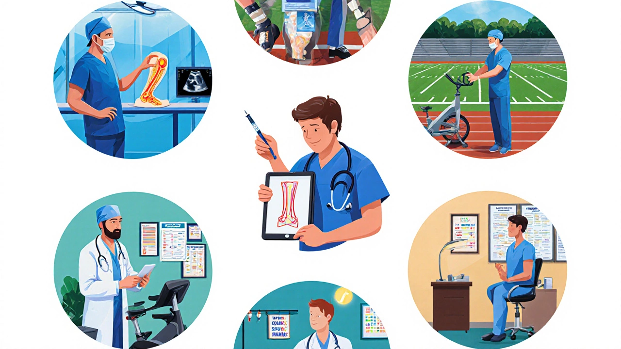 Illustrated collage of six medical specialists around a patient holding a pain diagram.