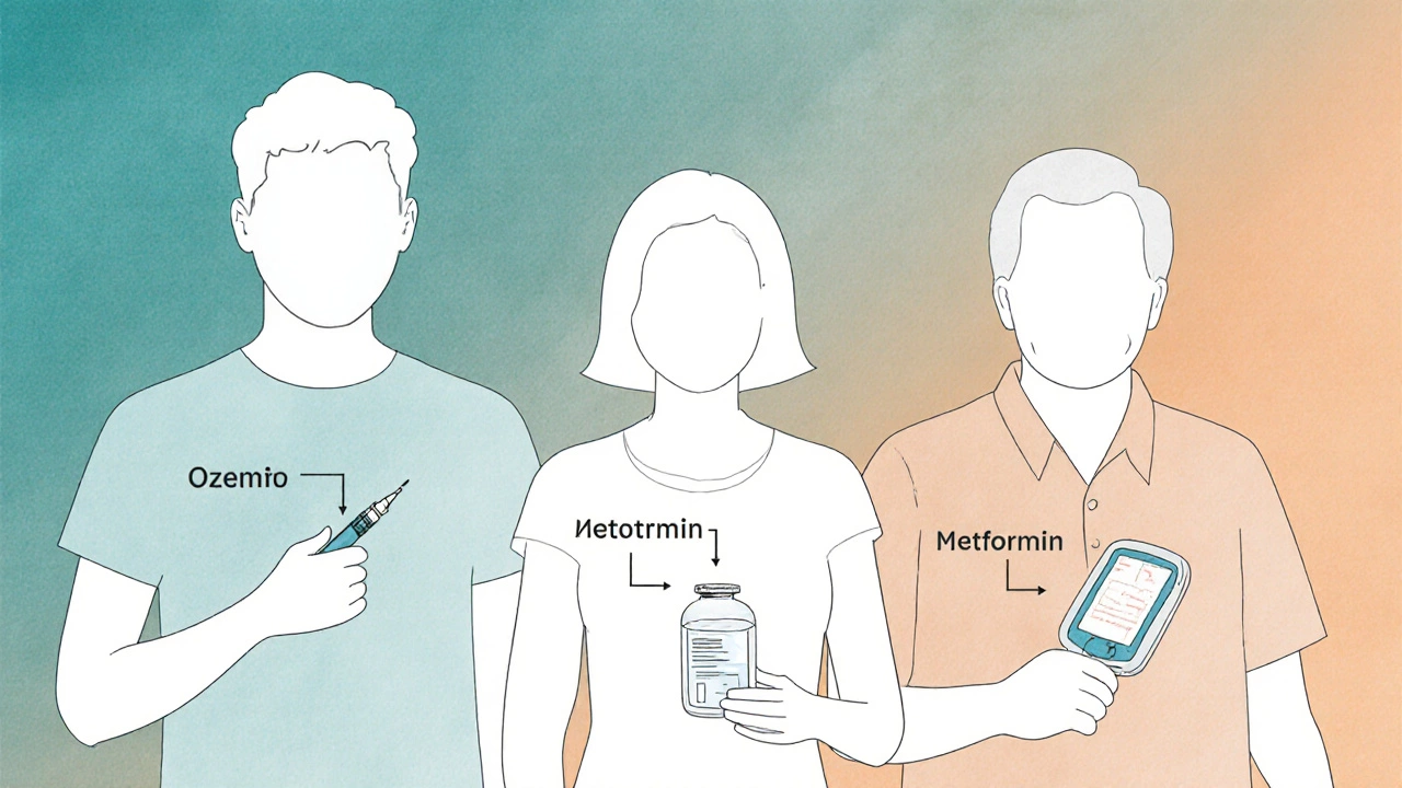 Illustrated patients with syringe, pill bottle, and glucose monitor showing drug mechanisms.