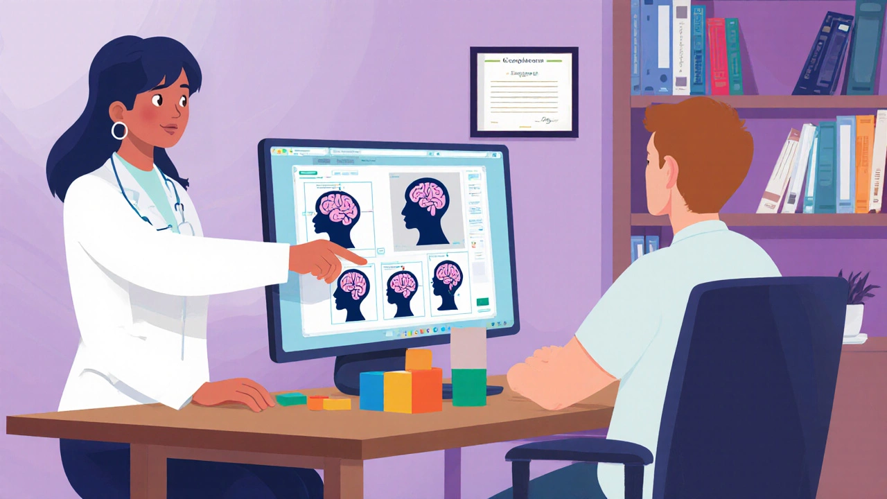 Illustration of a psychologist administering a cognitive test to a client in a warm office.