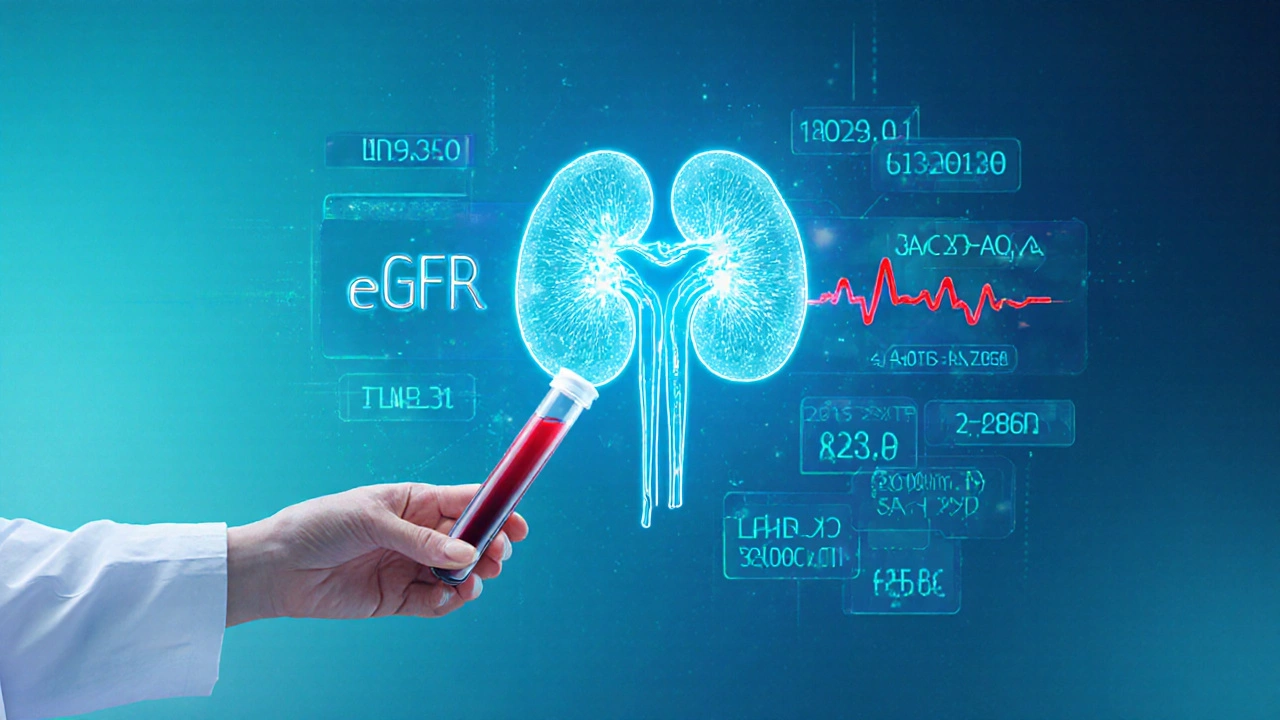 Illustration of kidney monitoring with blood test and eGFR emphasis, hint of lactic acidosis risk.