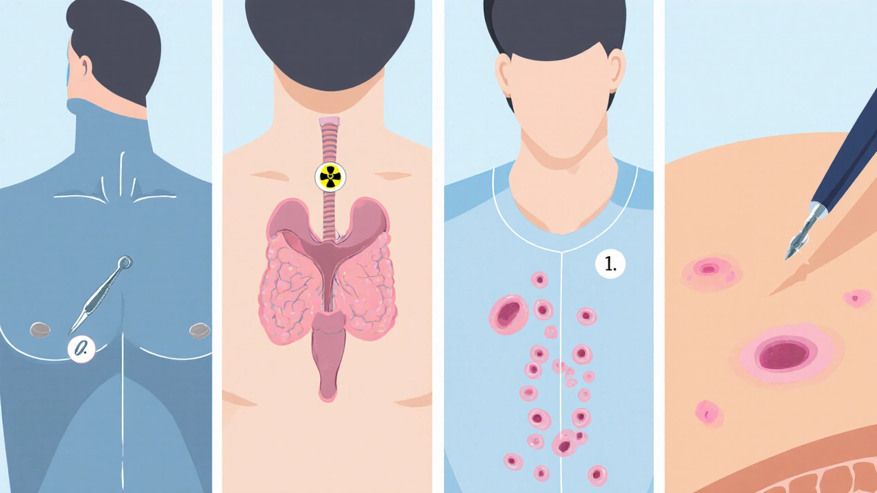 Illustration of testicular, thyroid, Hodgkin lymphoma, and basal cell cancers.