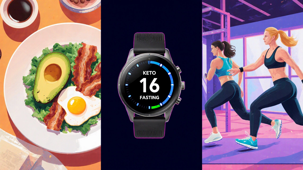 Illustration showing keto meal, fasting clock, and HIIT workout in three panels.