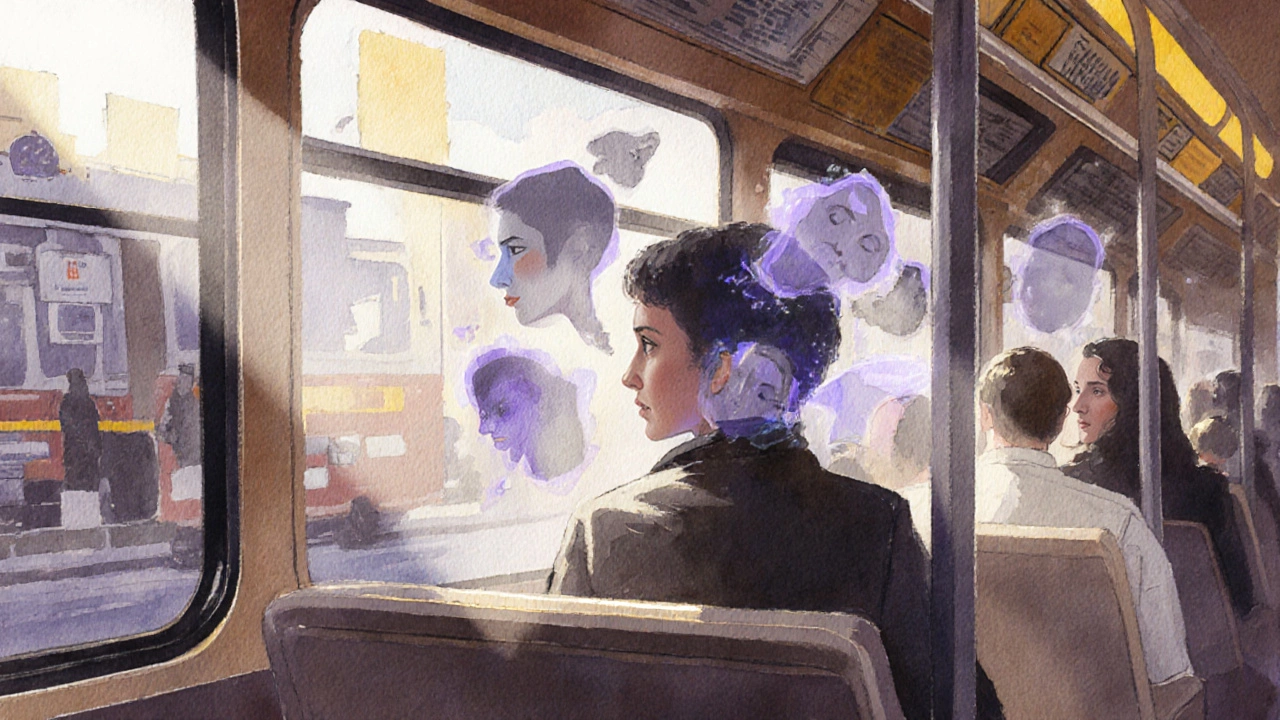 Individual on a bus surrounded by translucent, ghostly faces representing hallucinations.