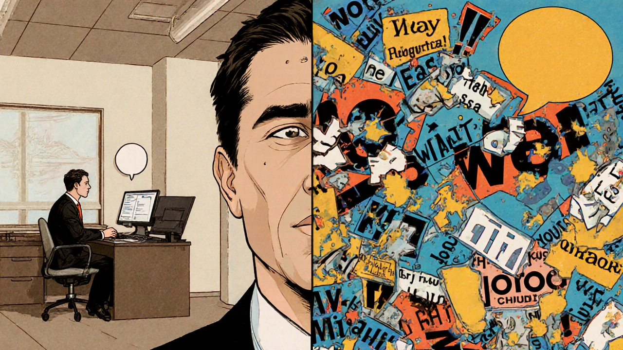 Man at an interview surrounded by chaotic, fragmented speech bubbles.