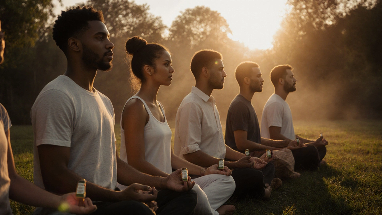 People meditating at dawn in a garden, each holding an ashwagandha capsule.