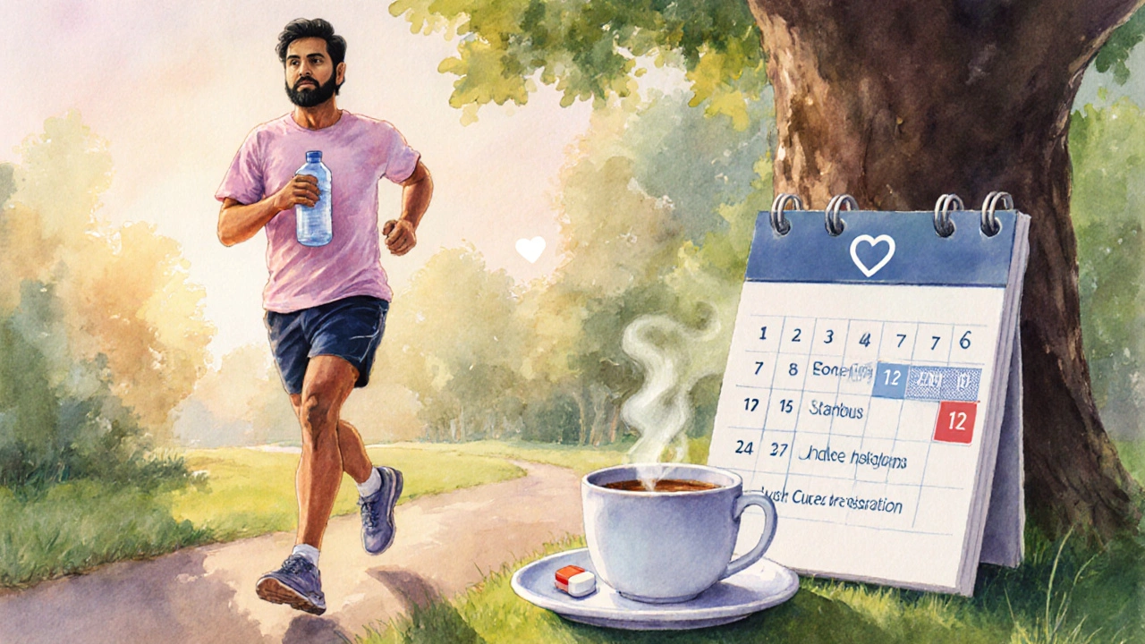 Person jogging, drinking water, taking Metformin, with calendar reminder for yearly check-up.