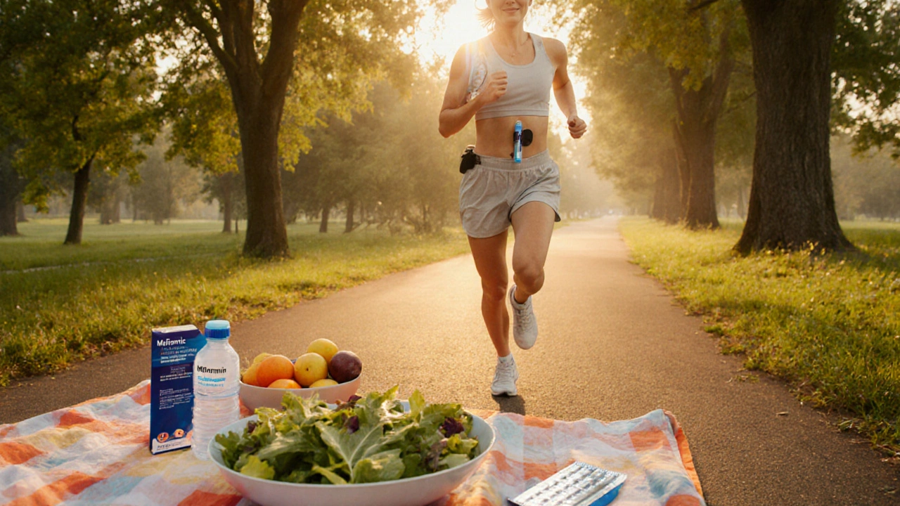 Person jogging in sunrise park with healthy meal, water bottle, and medications nearby.