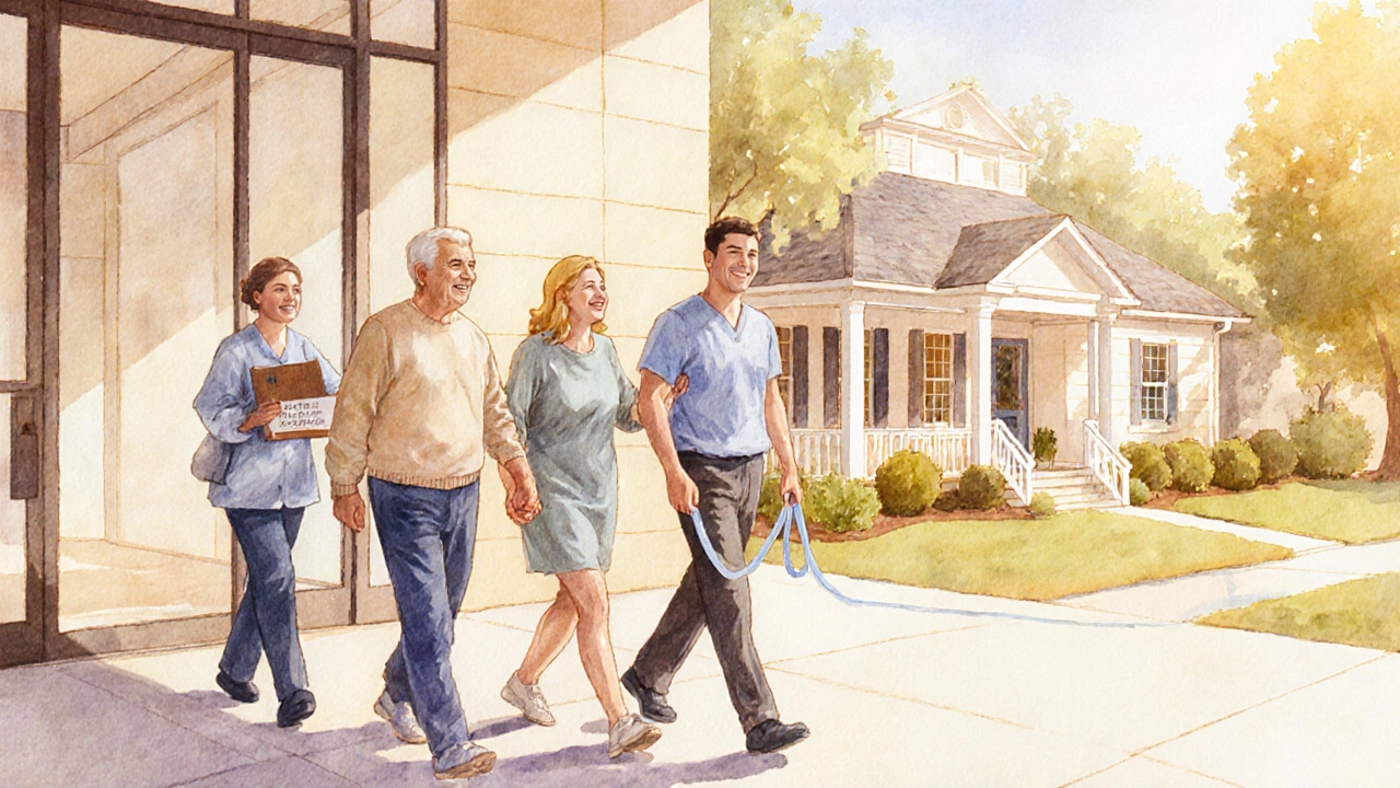 Recovered patient leaving hospital with family and therapist, heading toward a sunny home.