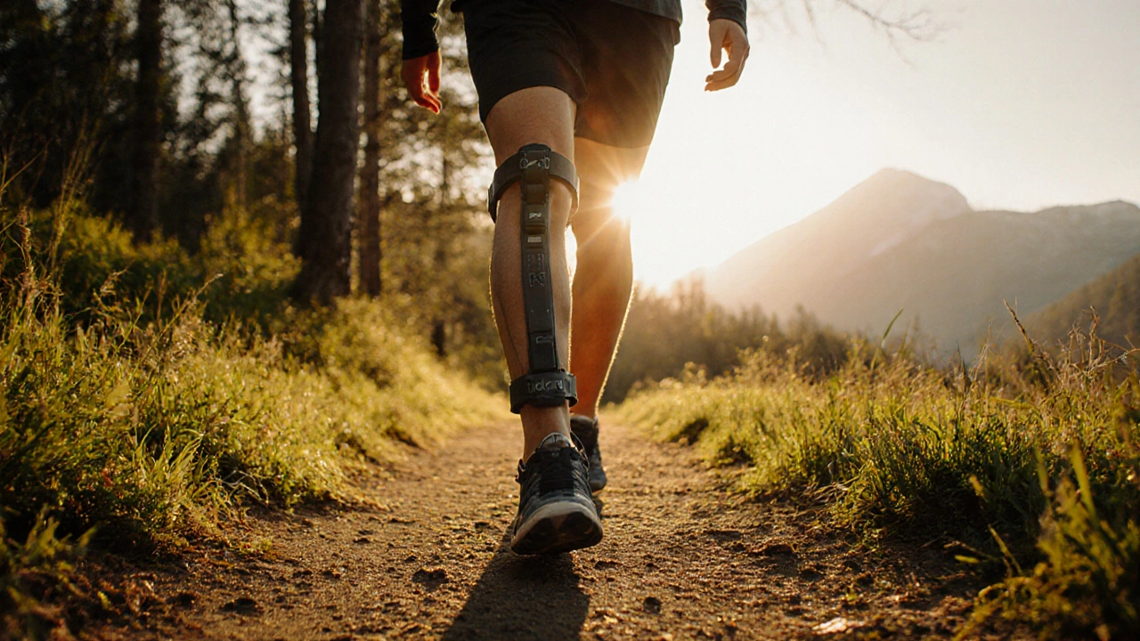 Recovered person walking on sunny trail wearing correct knee brace.