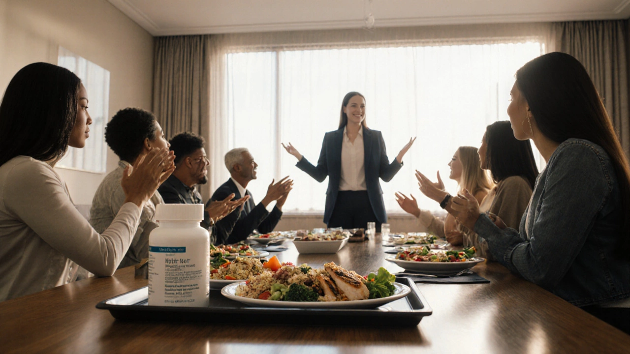 Scene of a supportive group counseling session at a medical weight‑loss clinic with nutritious meals.