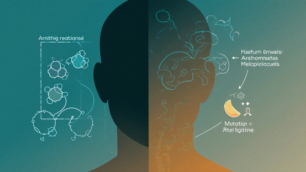 Scientific illustration showing cortisol reduction and mitochondrial enhancement from ashwagandha.
