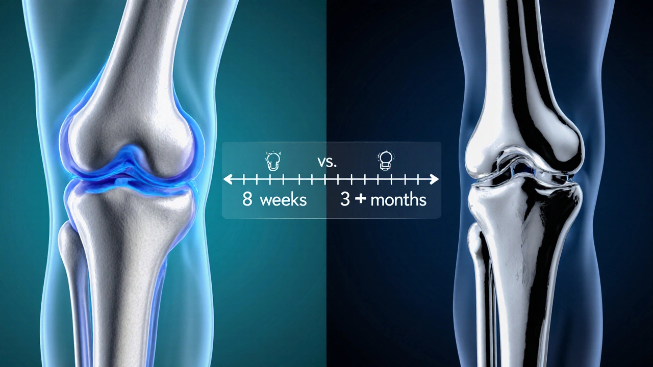 Side‑by‑side visual of partial and total knee replacement implants with recovery time icons.