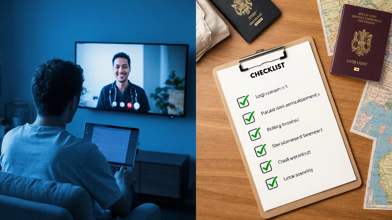 Split-screen of video call with foreign doctor and checklist of health tourism legal steps.