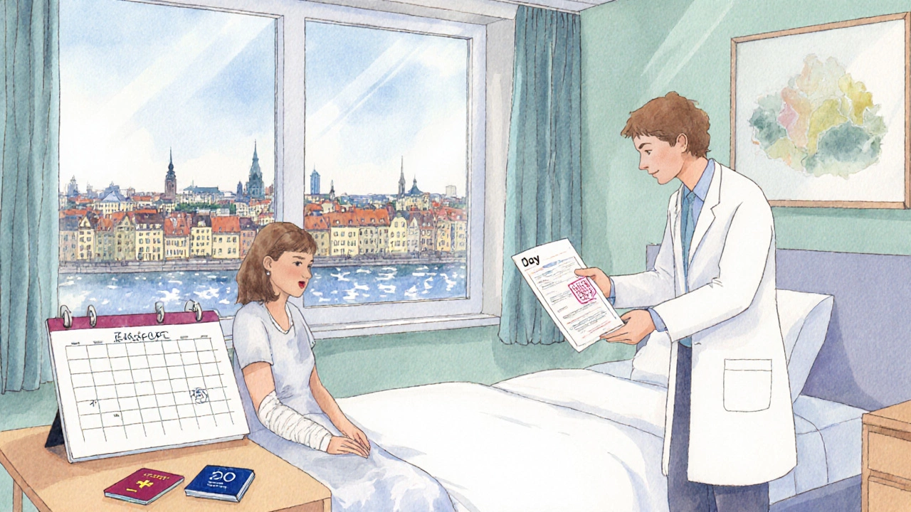 Swedish hospital room with patient, doctor handing certificate, and documents on bedside table.
