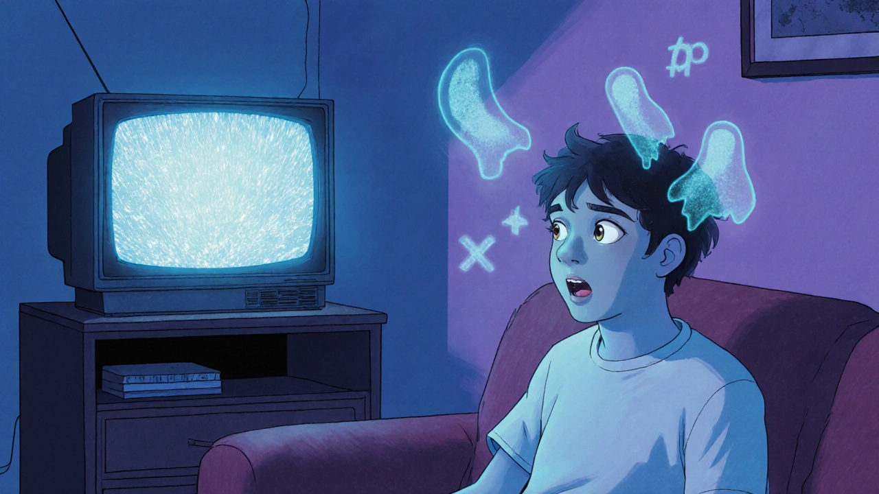 Teen hearing ghostly whispers while a TV shows static messages.
