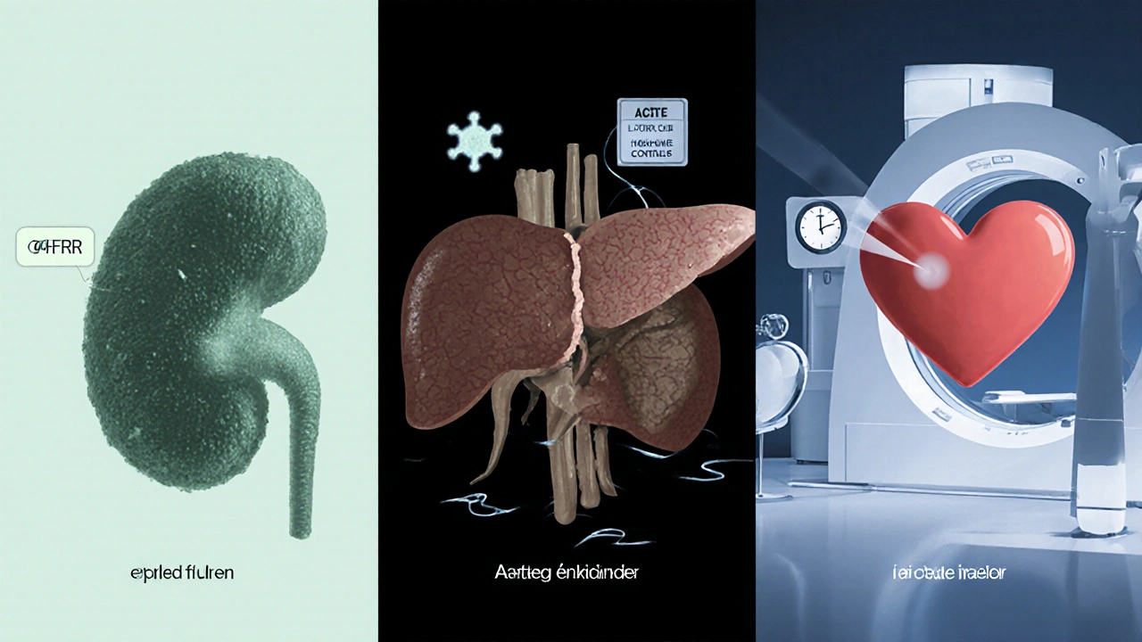 Three panels showing diseased kidney, cirrhotic liver, and heart failure with contrast scan.