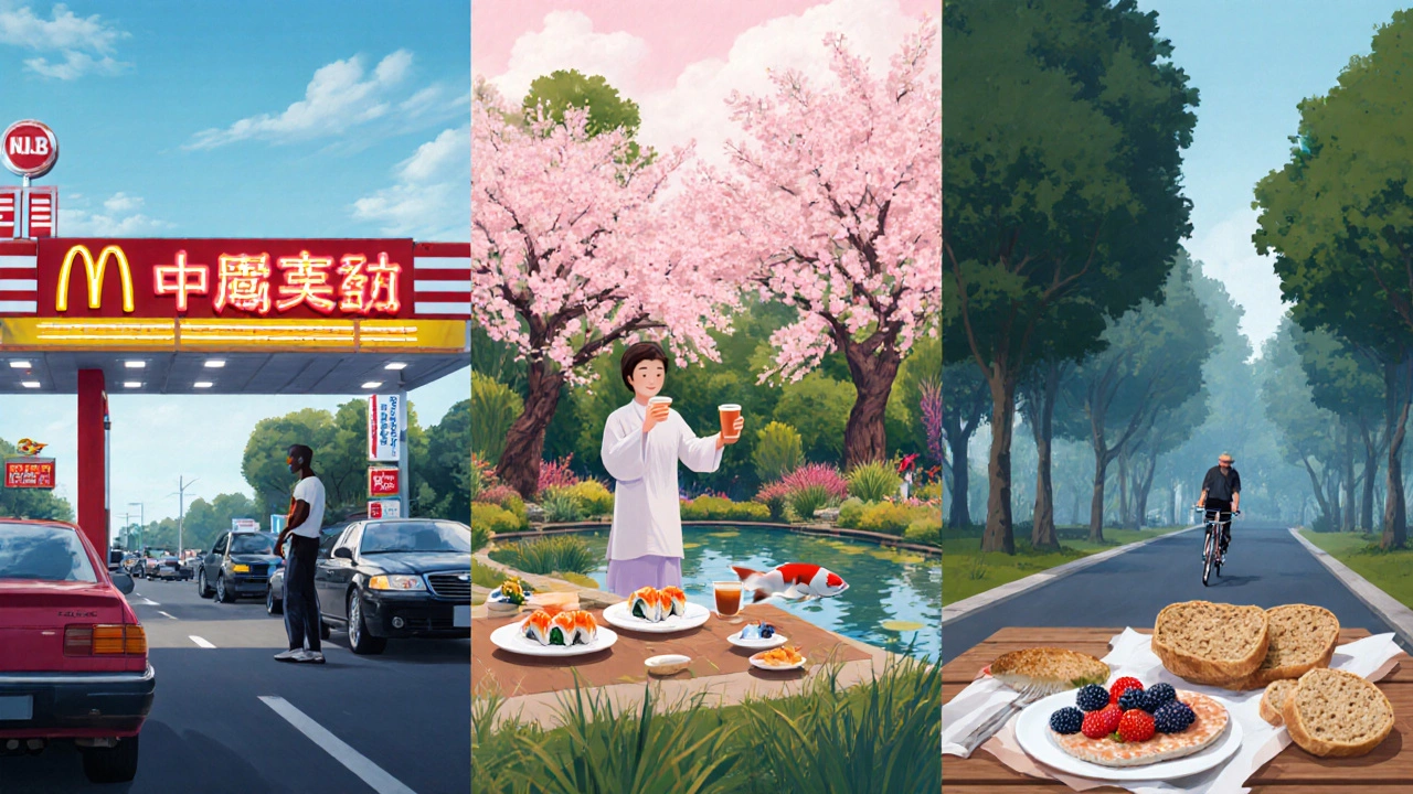 Three side‑by‑side scenes: US drive‑through, Japanese tea ceremony, Swedish cyclists.