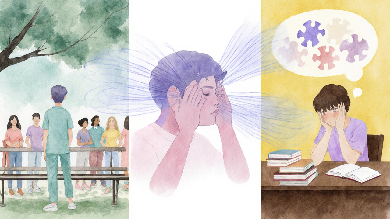 Three watercolor panels: withdrawn person, whispering hallucination, scattered books symbolizing cognitive decline.
