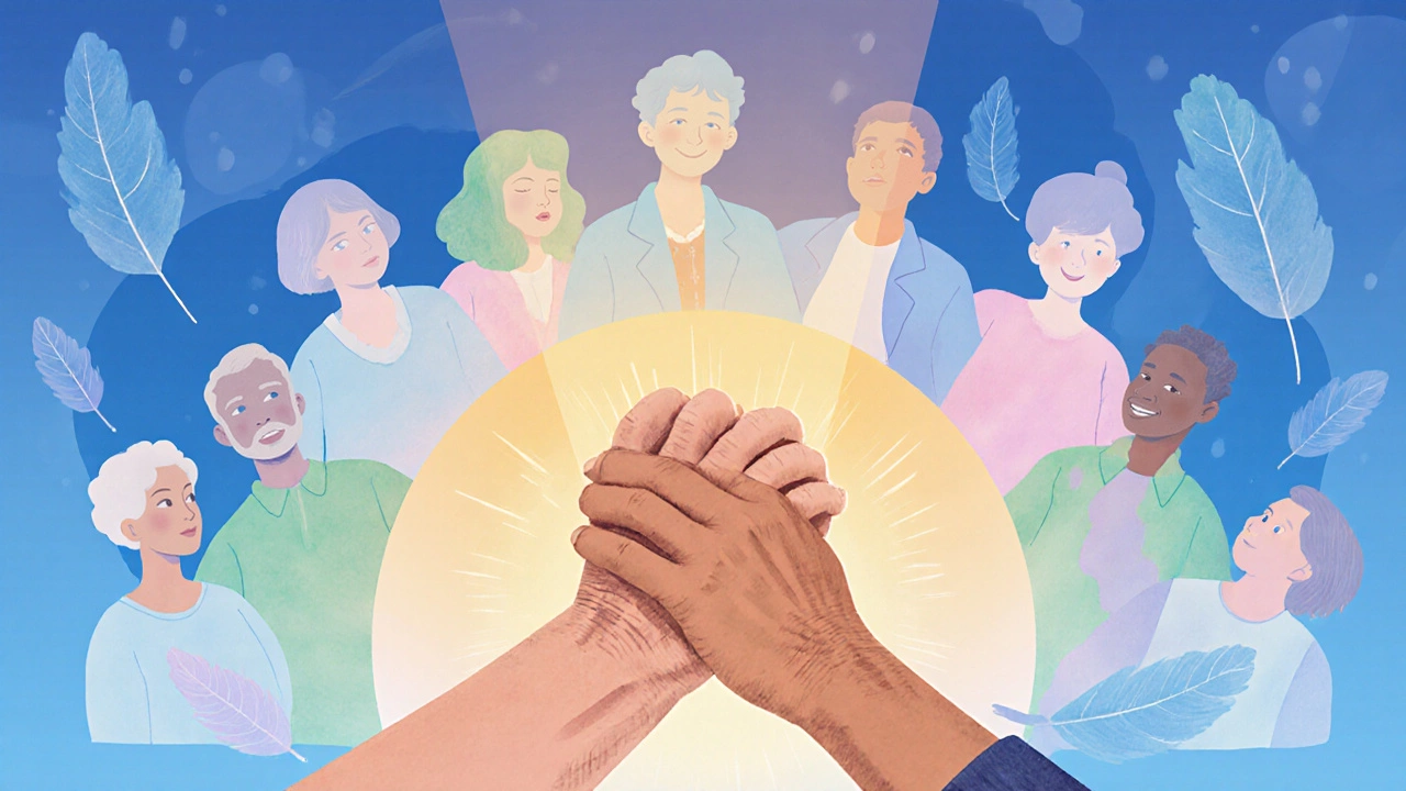 Two hands clasped warmly, surrounded by supportive silhouettes in pastel tones.