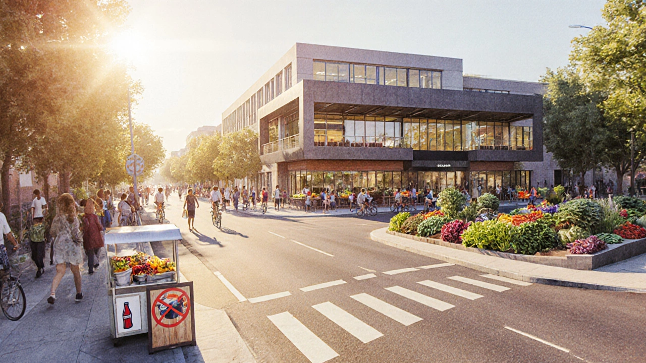 Urban street with bike lanes, community garden, school cafeteria serving fresh meals.