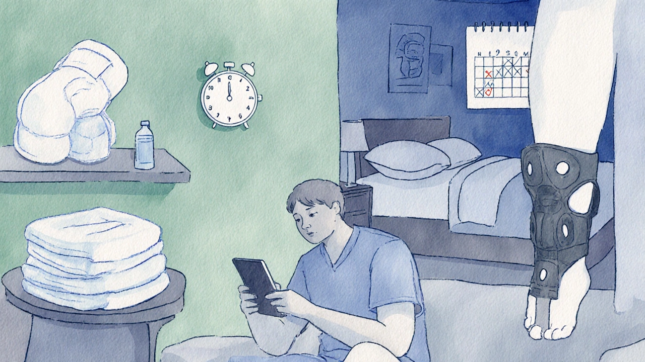 Watercolor collage showing skipped therapy, improper ice use, and ill‑fitted brace.