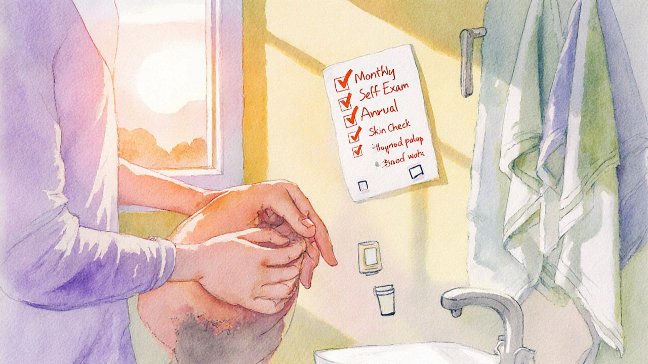 Watercolor of home self‑testicular exam with sunrise and checklist icons.