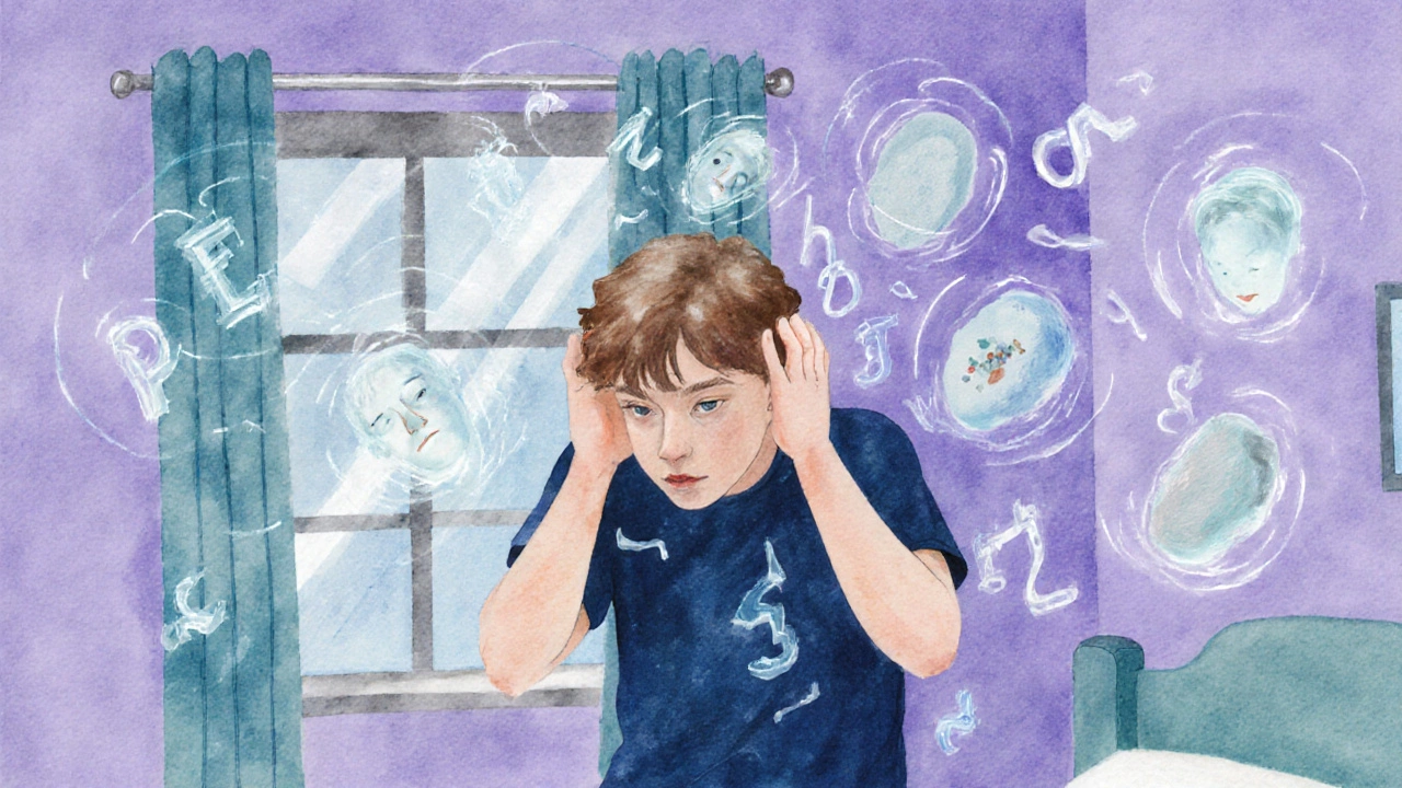 Young adult surrounded by floating faces and letters in a dim room, depicting schizophrenia hallucinations.